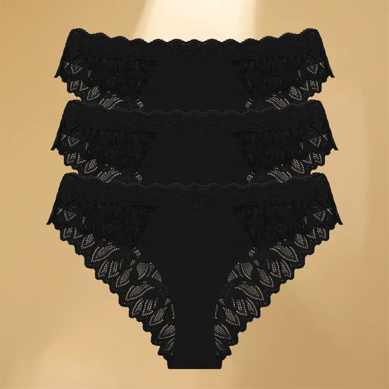 3Pcs/Set Women's Lace Panties Hollow Out Underwear Soft Silk Satin Lingerie Female Sexy Breathable Floral Briefs Cozy Intimates