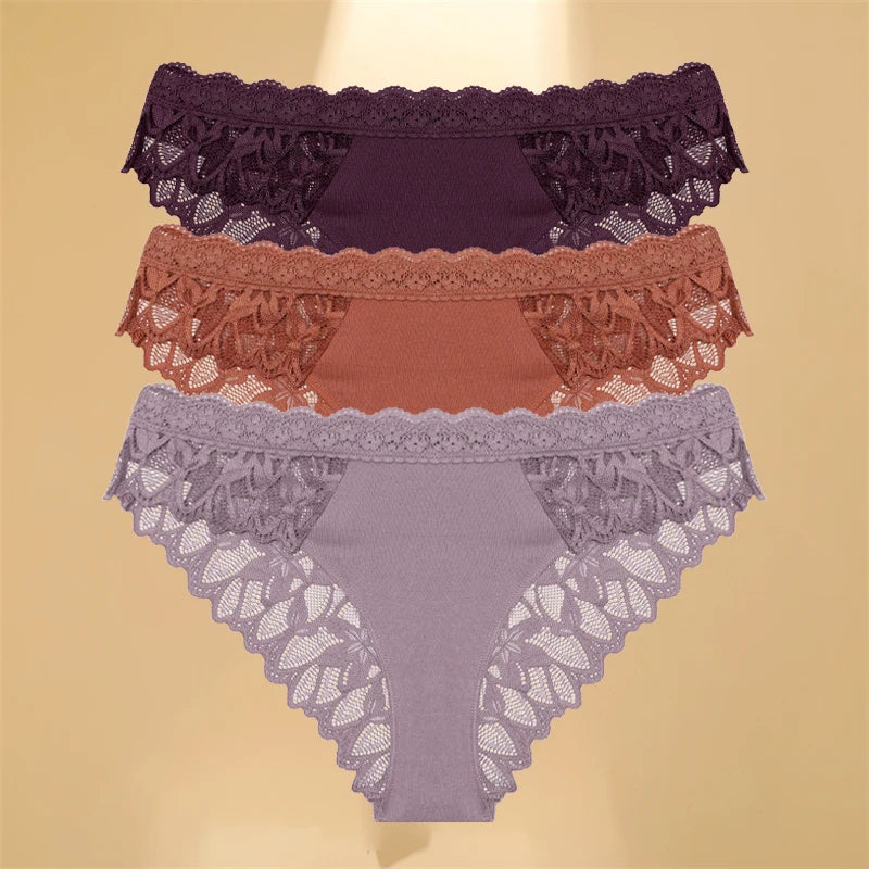 3Pcs/Set Women's Lace Panties Hollow Out Underwear Soft Silk Satin Lingerie Female Sexy Breathable Floral Briefs Cozy Intimates