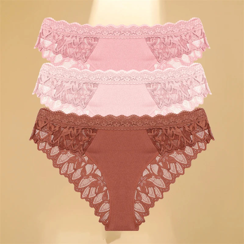 3Pcs/Set Women's Lace Panties Hollow Out Underwear Soft Silk Satin Lingerie Female Sexy Breathable Floral Briefs Cozy Intimates