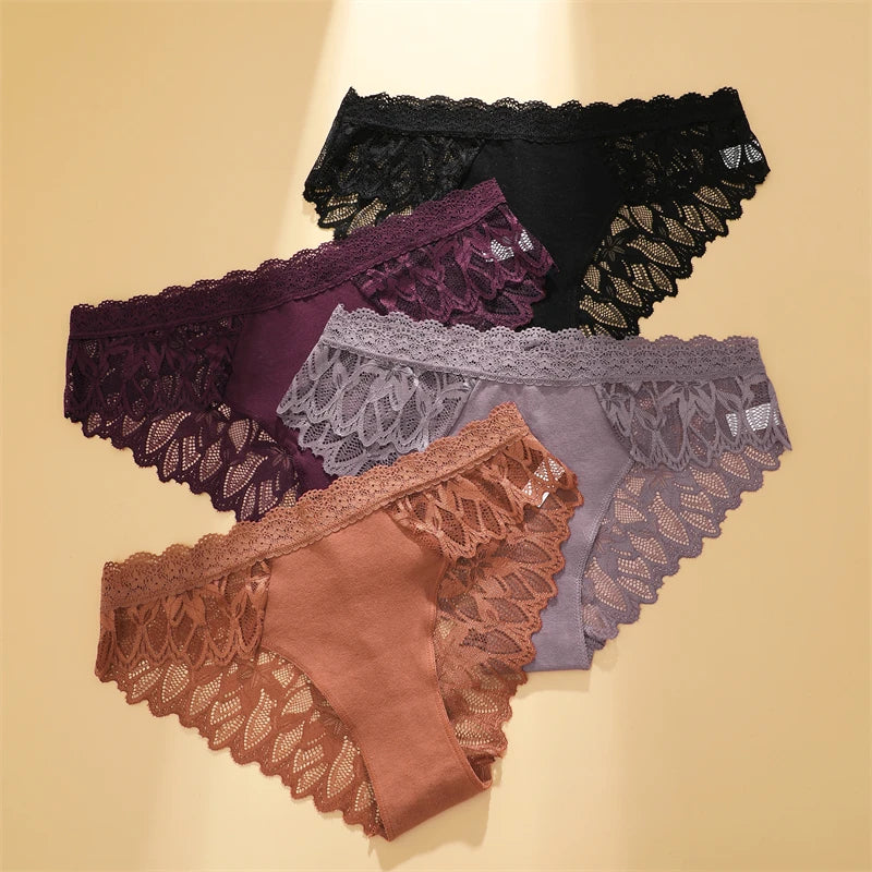 3Pcs/Set Women's Lace Panties Hollow Out Underwear Soft Silk Satin Lingerie Female Sexy Breathable Floral Briefs Cozy Intimates
