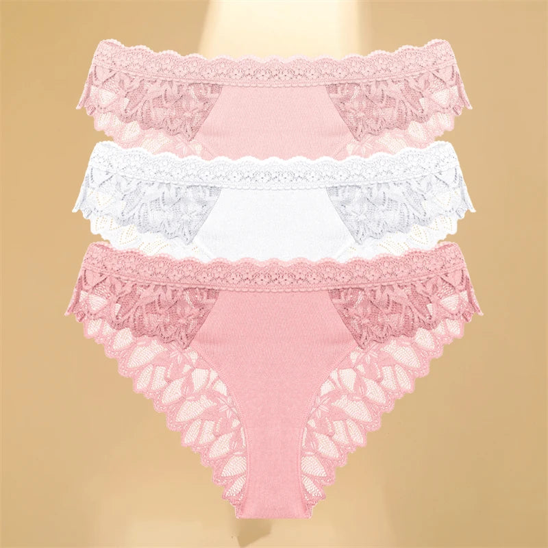 3Pcs/Set Women's Lace Panties Hollow Out Underwear Soft Silk Satin Lingerie Female Sexy Breathable Floral Briefs Cozy Intimates