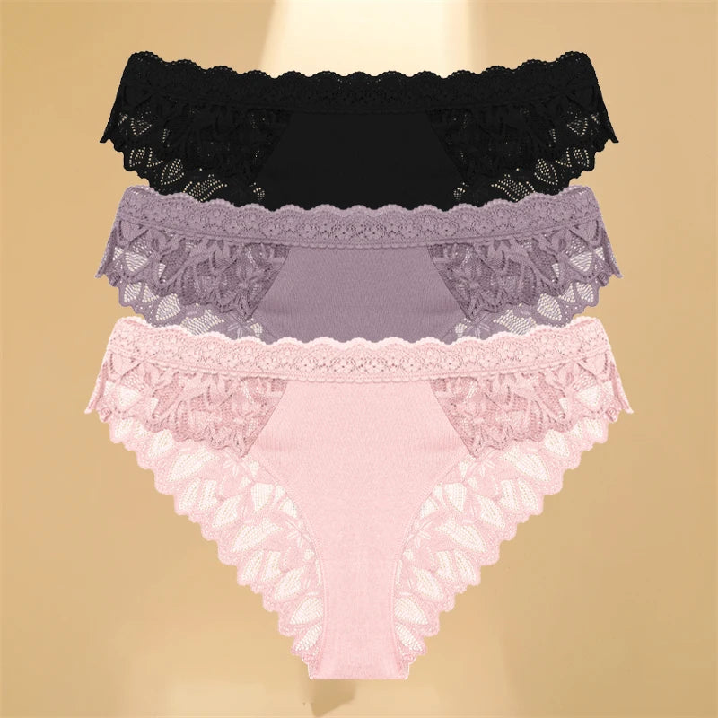 3Pcs/Set Women's Lace Panties Hollow Out Underwear Soft Silk Satin Lingerie Female Sexy Breathable Floral Briefs Cozy Intimates