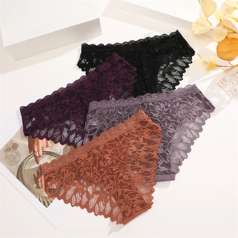 3Pcs/Set Women's Lace Panties Hollow Out Underwear Soft Silk Satin Lingerie Female Sexy Breathable Floral Briefs Cozy Intimates