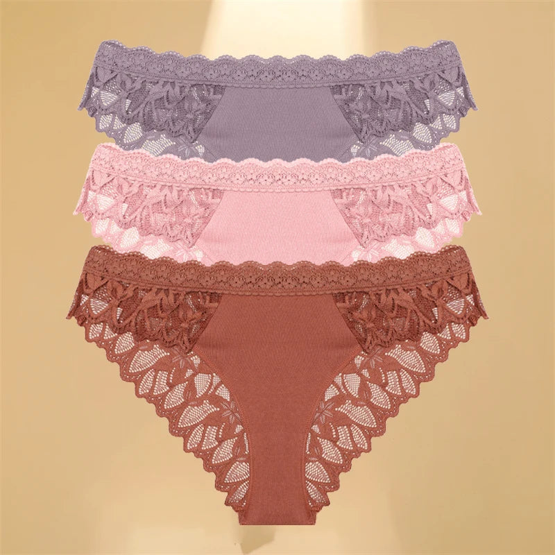 3Pcs/Set Women's Lace Panties Hollow Out Underwear Soft Silk Satin Lingerie Female Sexy Breathable Floral Briefs Cozy Intimates