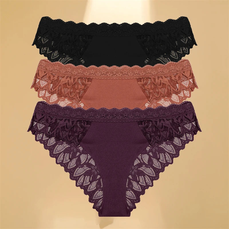 3Pcs/Set Women's Lace Panties Hollow Out Underwear Soft Silk Satin Lingerie Female Sexy Breathable Floral Briefs Cozy Intimates