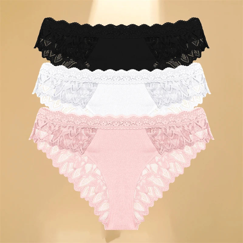 3Pcs/Set Women's Lace Panties Hollow Out Underwear Soft Silk Satin Lingerie Female Sexy Breathable Floral Briefs Cozy Intimates
