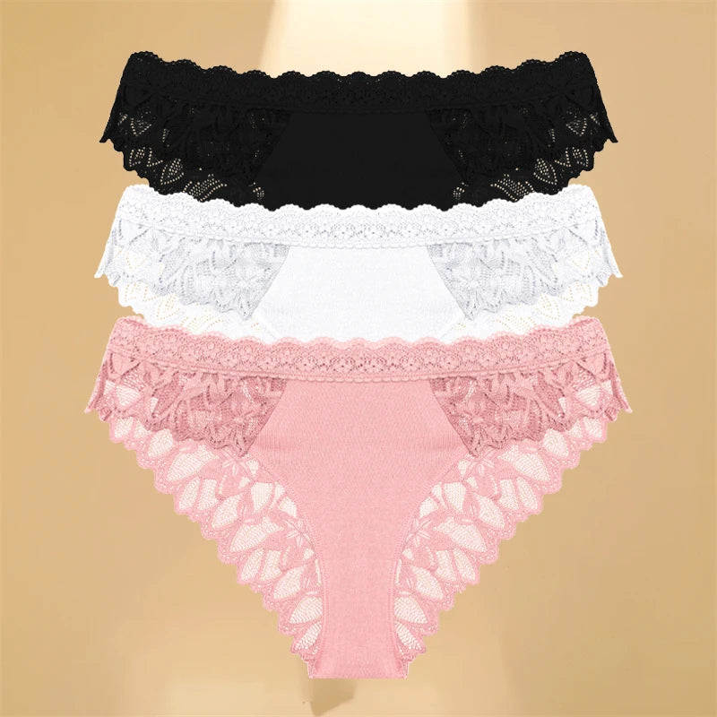 3Pcs/Set Women's Lace Panties Hollow Out Underwear Soft Silk Satin Lingerie Female Sexy Breathable Floral Briefs Cozy Intimates